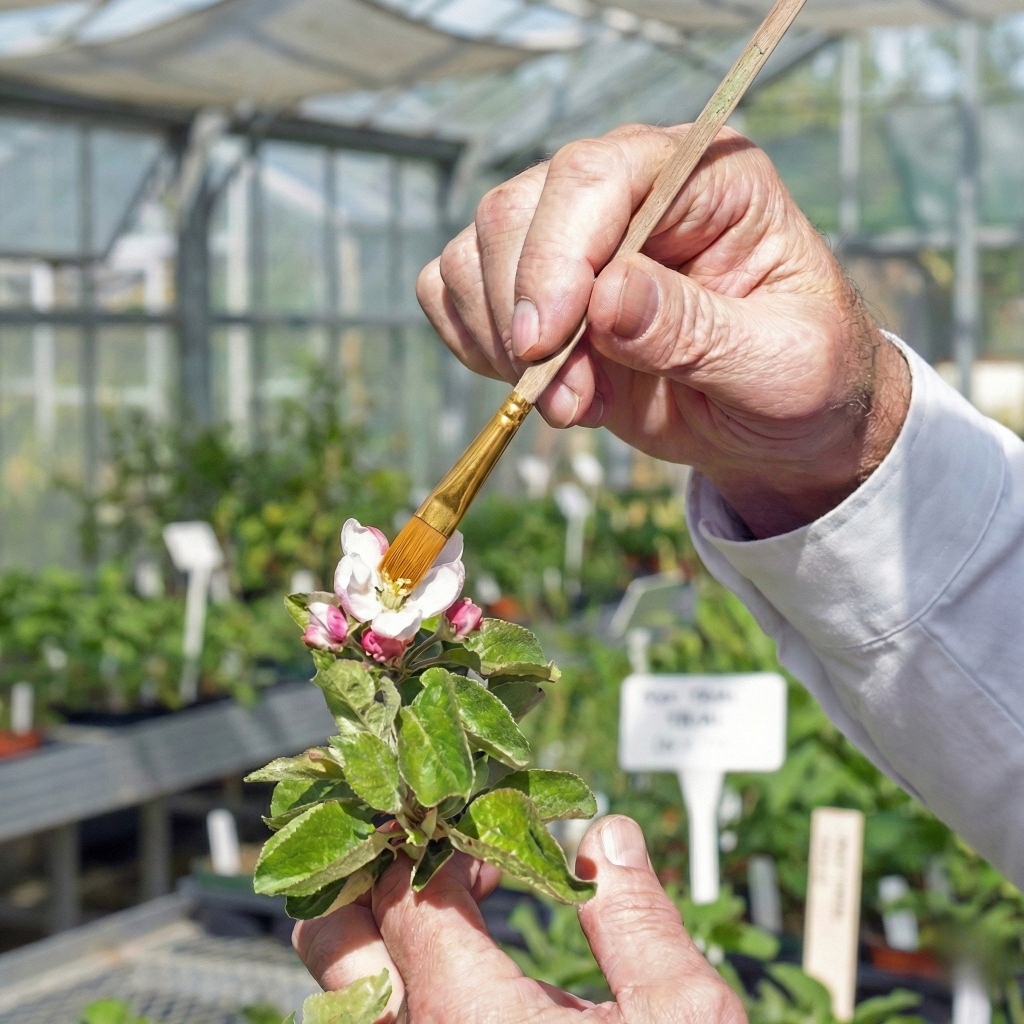 Hand pollinating a flower in a greenhouse